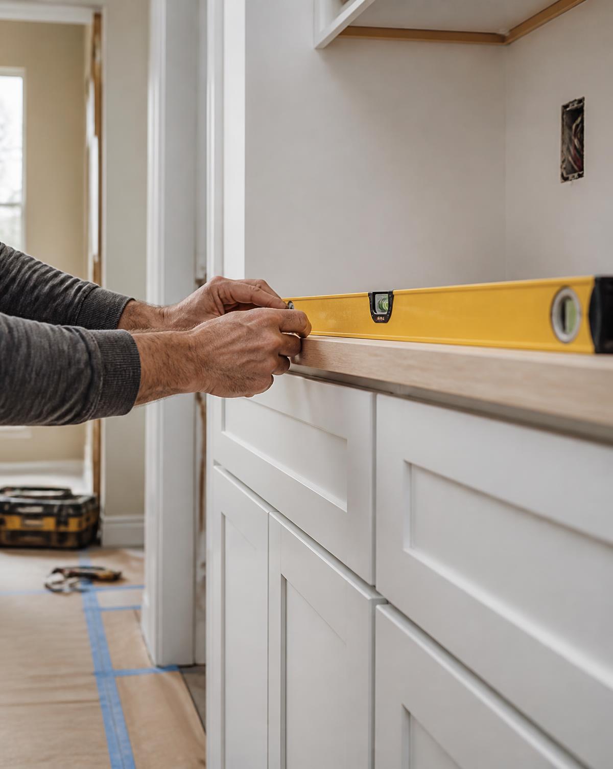 Finish carpentry detail being checked with a level during a renovation
