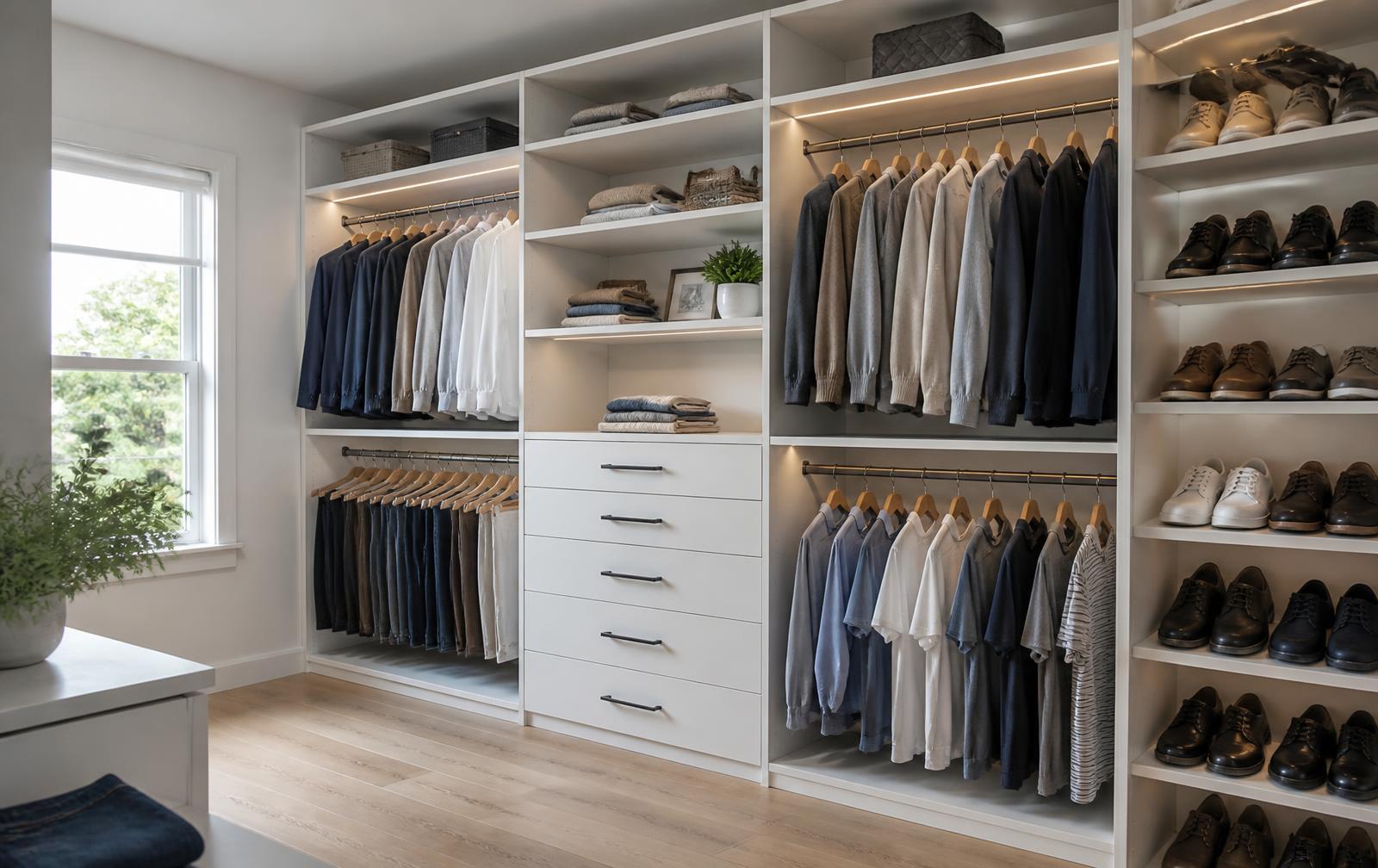 Custom walk-in closet with shelving, drawers and hanging sections