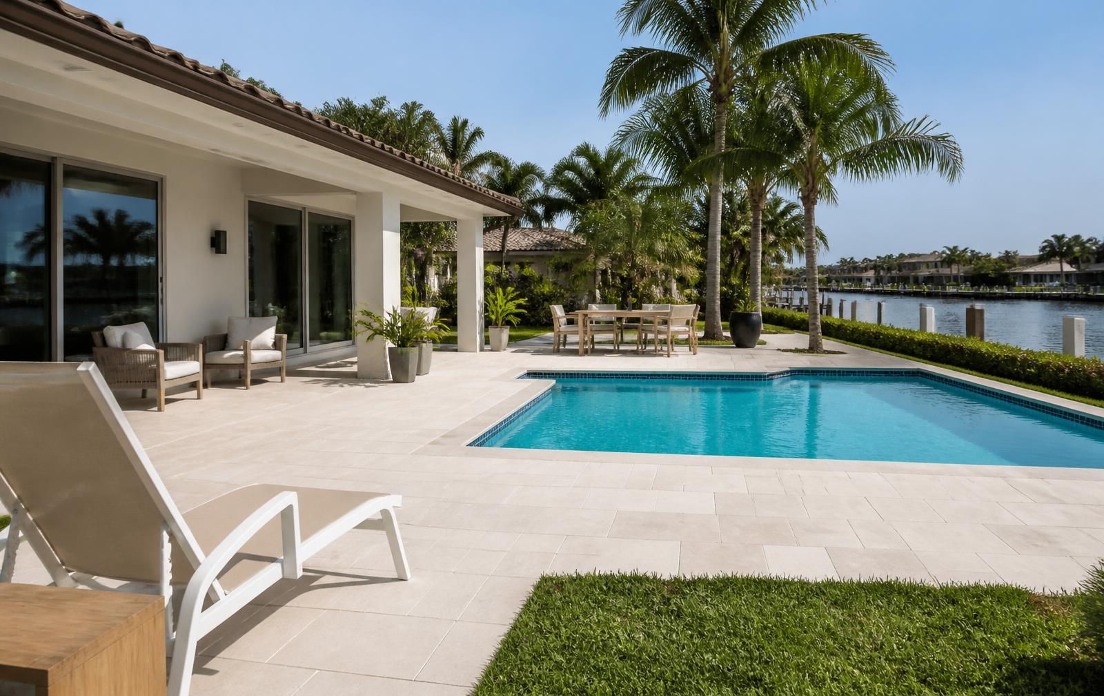 Resurfaced pool deck with exterior porcelain paving