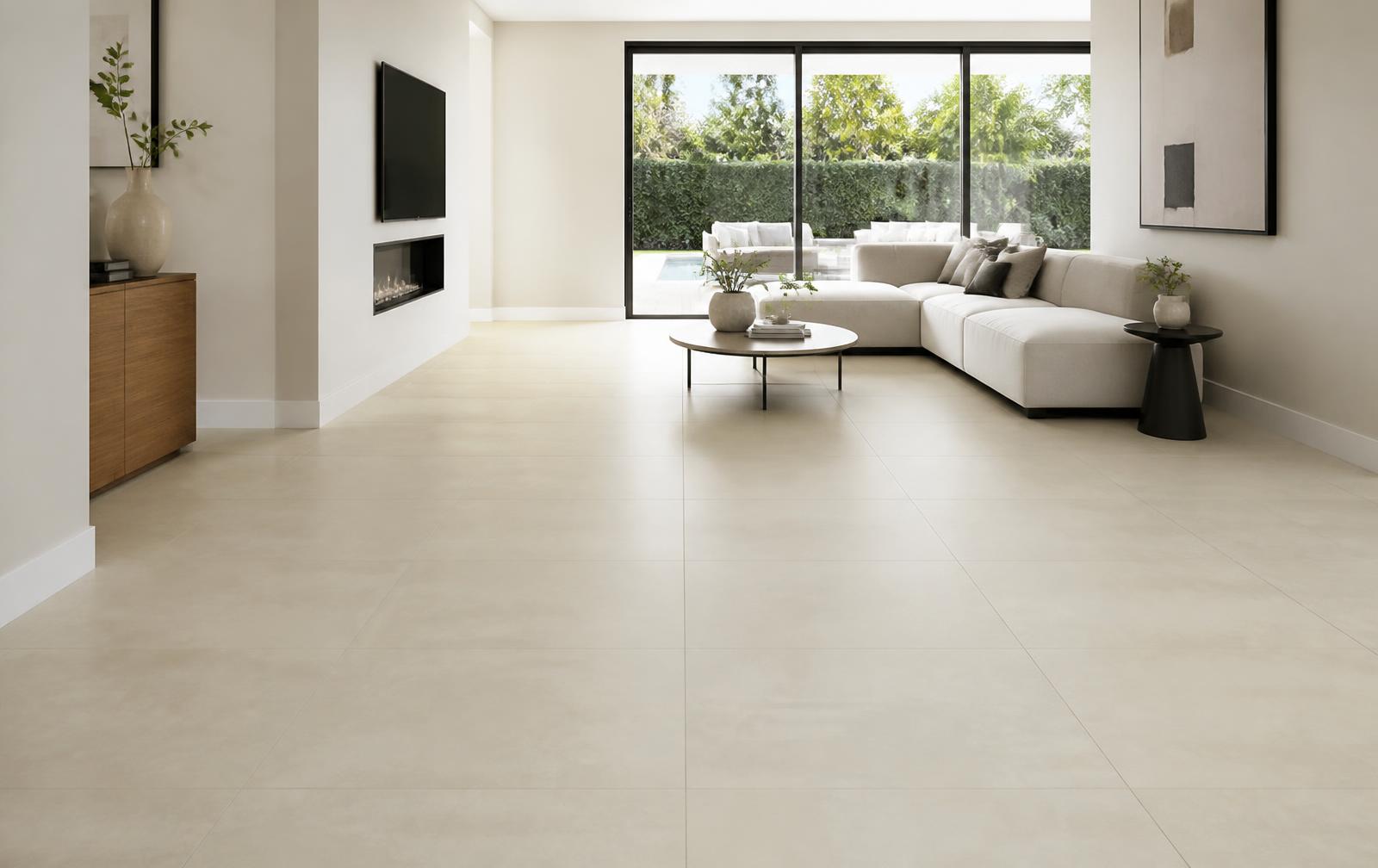 Large-format porcelain tile flooring installed across a living area